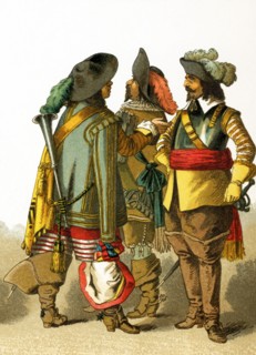 The men in this illustration wear the clothes worn in the Netherlands around 1600. The figures