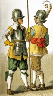 The dress of the Netherlands soldiers shown in this illustration is from 1600. This illustration