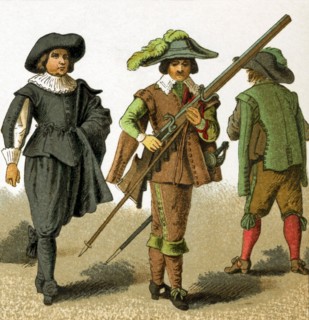 The dress of the Netherlands men shown in this illustration is from 1600. The figures represent,
