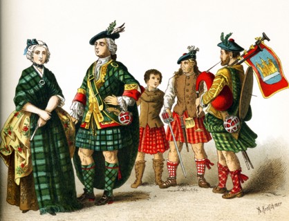 This illustration dating to 1882 shows five Scottish figures around 1700, from left to right: Lady