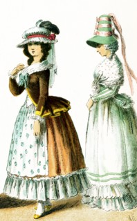 Shown here are French women between 1750 and 1800. They are from left to right: a lady in 1785 and