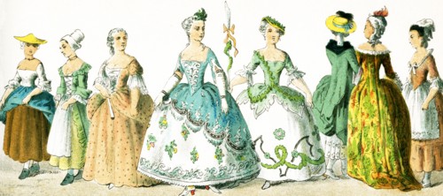 Shown here are French women between 1750 and 1800.They are from left to right: tradeswoman, country