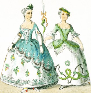 Shown here are two French women between 1750 and 1800. They are from left to right: two costumes of