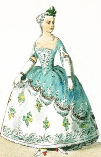 Shown here is a French woman dressed in a costume for a ball between 1750 and 1800. This