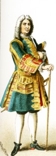 The figure represented here is a French men of rank from 1700 to 1750 A.D. The illustration dates