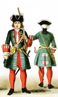 The figures represented here are two French guardsmen under Louis XV from 1700 to 1750 A.D. The
