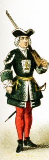 The figure represented here is a French palace guard from 1700 to 1750 A.D. The illustration dates