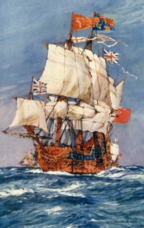 This illustration of a 17th-century English warship under full sail is an adaptation of a similar