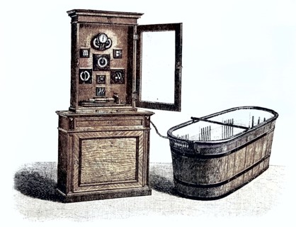 Hydroelectric bath with battery cabinet and current regulating apparatus.