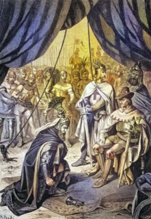 King Ottokar of Bohemia submits to Emperor Rudolph of Habsburg.