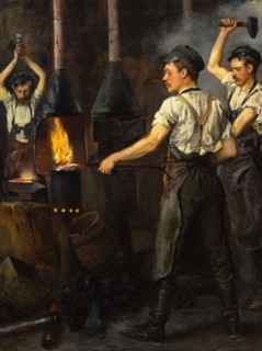In the forge, three men at the forge forging iron.
