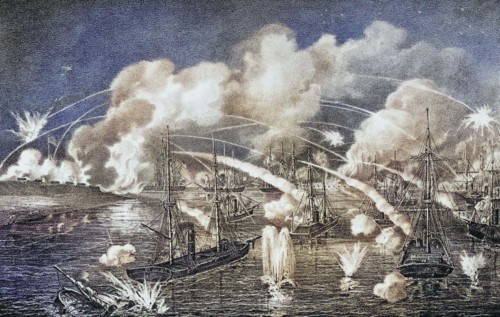 Mitternachtliches Marinebombardement von Fort Jackson Louisiana.