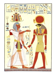 Menphtah II, son and successor of Ramses III, standing before Phre, Ra, two gigantic figures carved