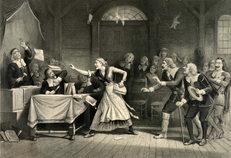 woman accused of witchcraft defends herself in court and attacks the judge, c. 1820, France,