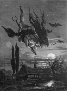 Witch flying through the night on a staff, full moon over a farmhouse, witchcraft magic, 1800,