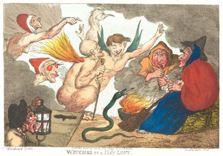 Witches in the haystack, witch meeting in a barn with various bizarre figures, around 1890,