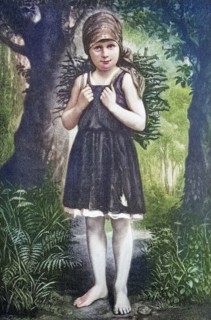 Barefoot girl collecting wood in the forest, has a bundle of brushwood on her back as firewood.
