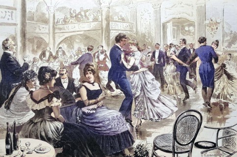 Honorary ball, distinguished society, men and women at a dance.