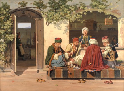 Orientals playing a game of chess in front of a Turkish coffee house and barber shop, 1845, Turkey,