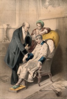 sick man sticks out his tongue while a doctor takes his pulse. The patient holds green glasses in