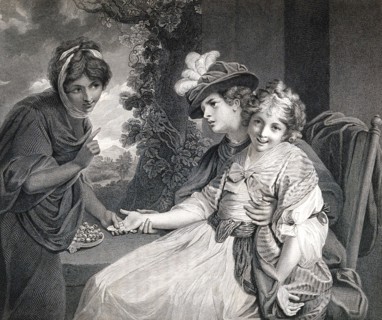 fortune teller reads the hand of a woman with a little girl on her lap, 1786, England, Historic,