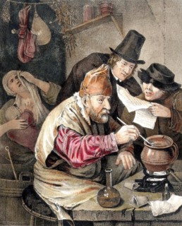 An alchemist bent over his crucible; an assistant reads him a recipe, watched by a spectator; the