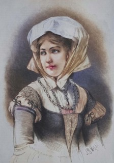 German burgher girl from the 16th century with headscarf and dress.