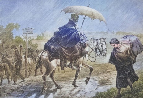 Model rider in the rain with an umbrella on his horse.