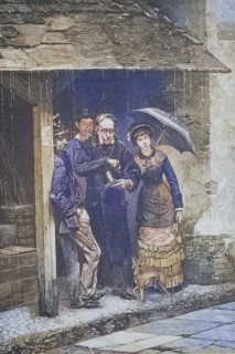 Summer holidaymakers sheltering in the rain.