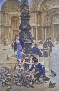 Children feeding pigeons in St Mark's Square in Venice.
