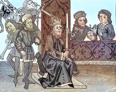 Burggraf Friedrich kneels in front of the Emperor and holds the fief flag that has just been received.
