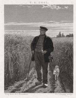 Farmer with a pipe and wooden shoes in a grain field, looking contentedly at the well-grown plants,