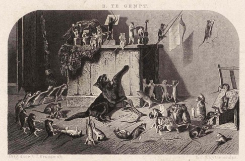 Mouse Party, 1861, The cat has fallen into a trap and the exuberant mice are dancing around it,