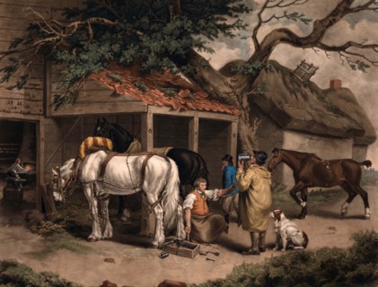 The blacksmith in his forge with a horse to be shod.