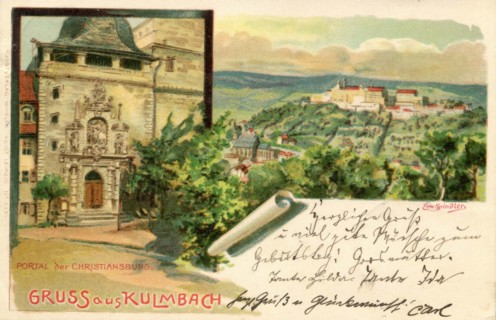 Old picture postcard from Kulmbach with the portal of the Christiansburg, today Plassenburg, around