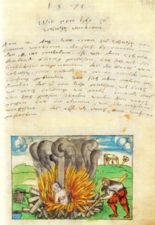 How a witch is burned in Switzerland, instruction from 1571. Witch is naked and shaven tied to a