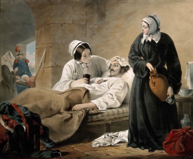 Military hospital with war wounded, Florence Nightingale (May 12, 1820 - August 13, 1910) was a