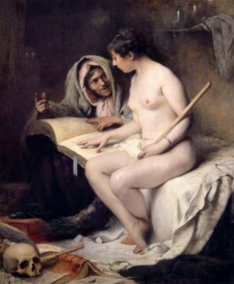 The Lesson before the Witches' Sabbath, old witch teaches the young witch from a spell book how to