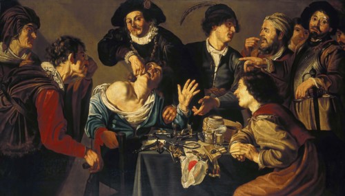 A dentist pulling a tooth, c. 1620, Netherlands, Painting by Theodoor Rombouts, Historic, Digitally