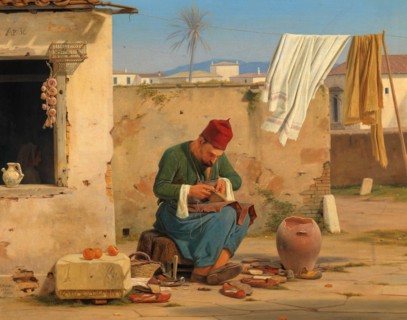 Shoemaker on the street, cobbler with many individual shoes, in Greece in 1840, Historical,