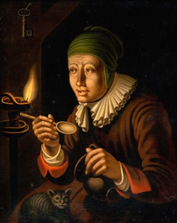 Witch, just tasting a spoon of her freshly brewed potion, on her knee a cat, witch's kitchen, 1830,