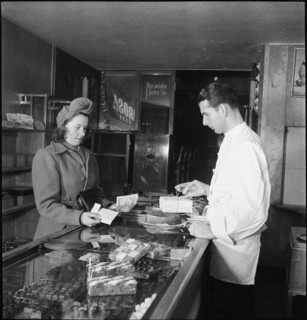 Shopping, coupons, around 1945.