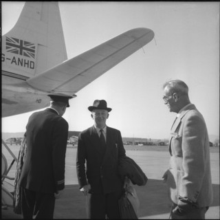 Arrival of Lord Edmond Davis at the airport of Zurich Kloten, 1957.