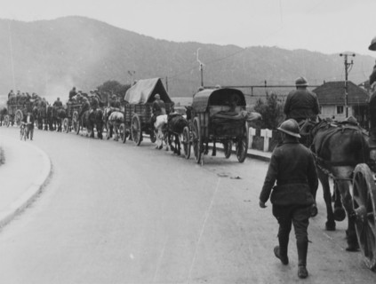 Swiss soldiers escort allied internees in the Jura, circa in 1940.