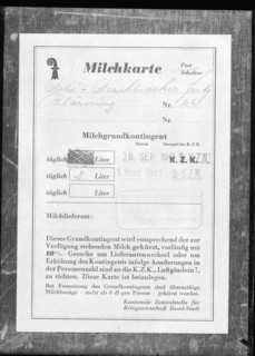 Milk tarion card; Food ration card; 1941.