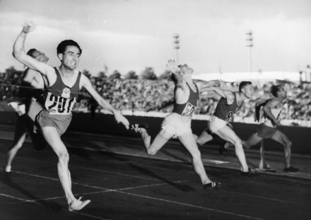 EC 1950 Brussels, finals 100m: 1 Bally, 2 Leccese, 3 Sukharev.