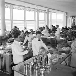 Restaurant at airport Zurich-Kloten around 1956.