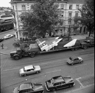 Lorry transporting a Mirage bomber plane through Basle 1964.