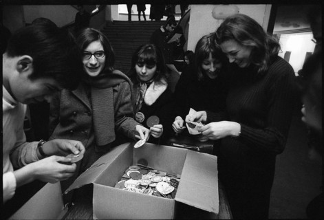 Students with box full of buttons, Zurich 1969.