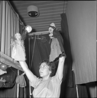 Therese Keller with hand puppet, 1960
